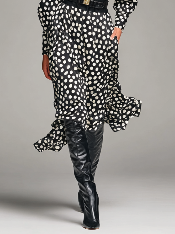 Women's Satin Polka Dot Print High Neck Midi Dress MDA3006G6Y