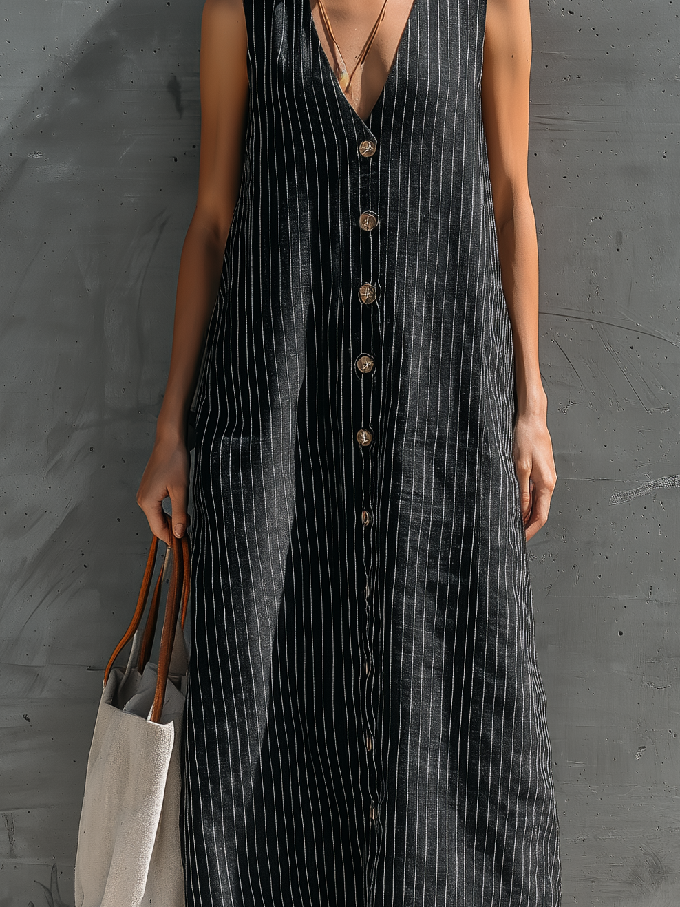 Women's Minimalist Black Cotton V-neck Sleeveless Loose-fitting Long Dress MDZ1448B9AN