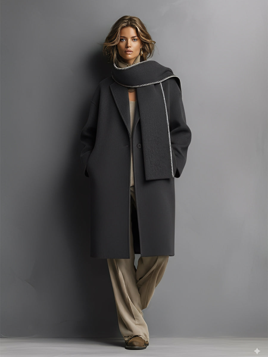 Women's Dark Grey Elegant Wool - Blend Oversized Coat With Contrast - Stitched Scarf MDA1624I8I