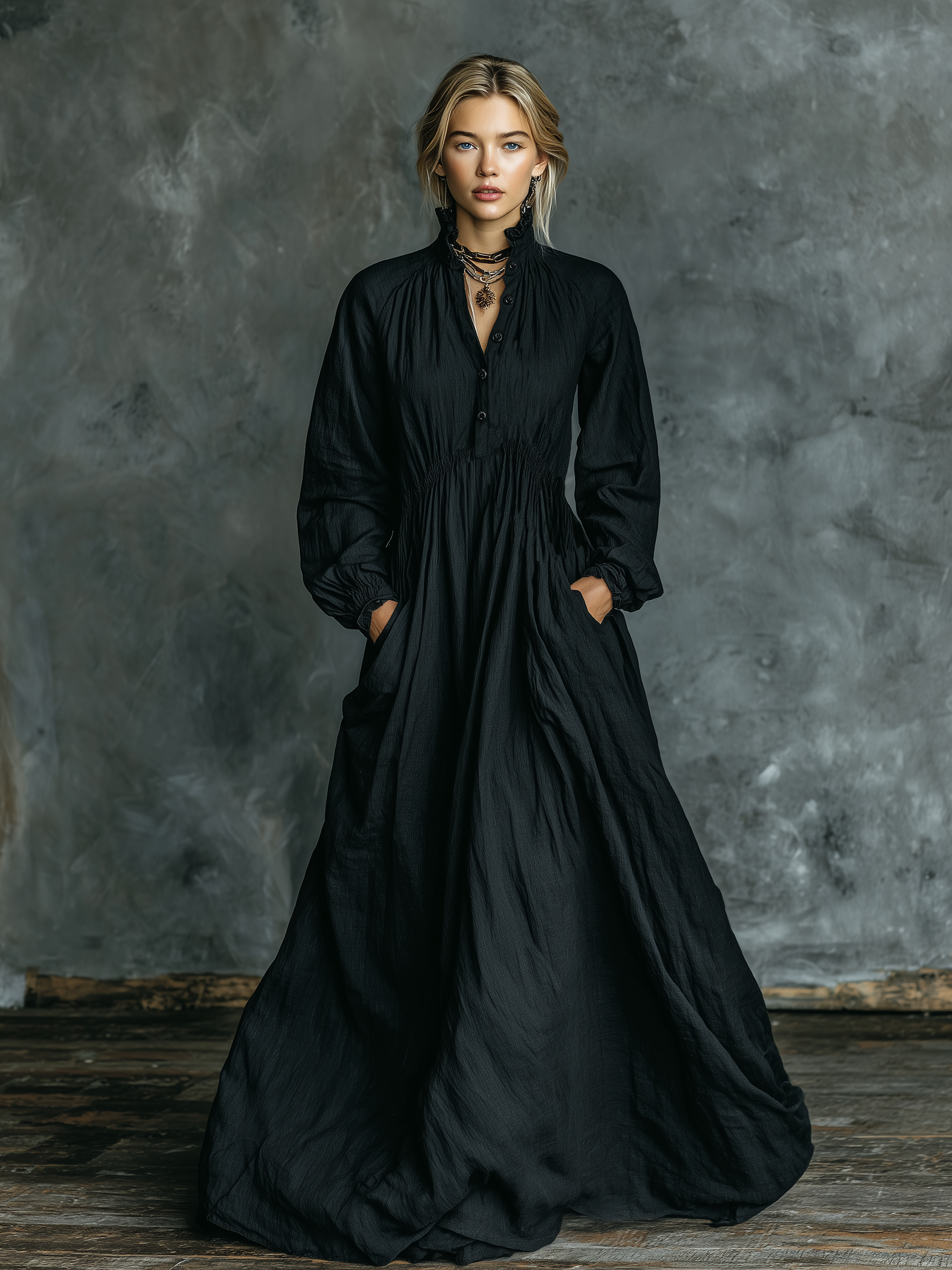 Women's Minimalist Cotton And Linen Stand-collar Maxi Dress MDA0760K9Y