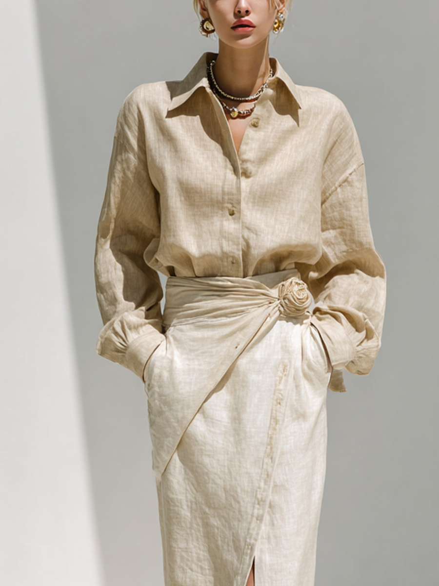 Women's Beige Linen Fabric Oversized Shirt & Knot-Front Rose-Accented Slit Midi Skirt Set MDA1548L8T