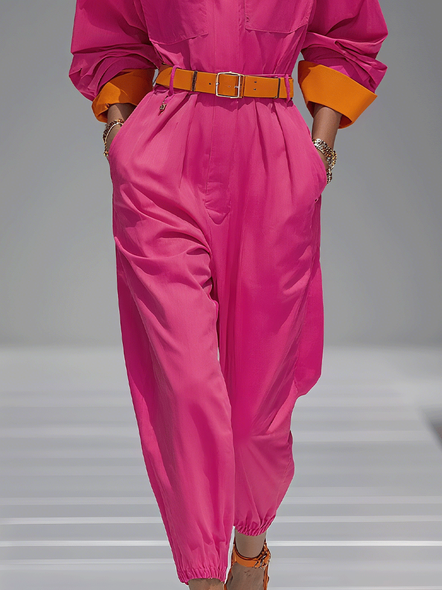 Women's High-Saturation Rose Pink Contrasting Cuffed Casual Work Jumpsuit (without belt) MDA3061G8I