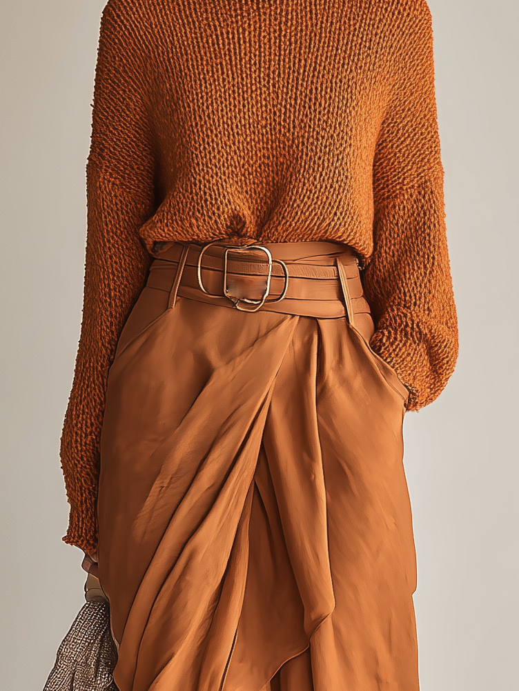 Women's Stylish And Elegant Orange Long-sleeved Round Neck Knit Sweater Paired With A Matching Orange Satin Midi Skirt (belt Not Included) MDA2039K5AN
