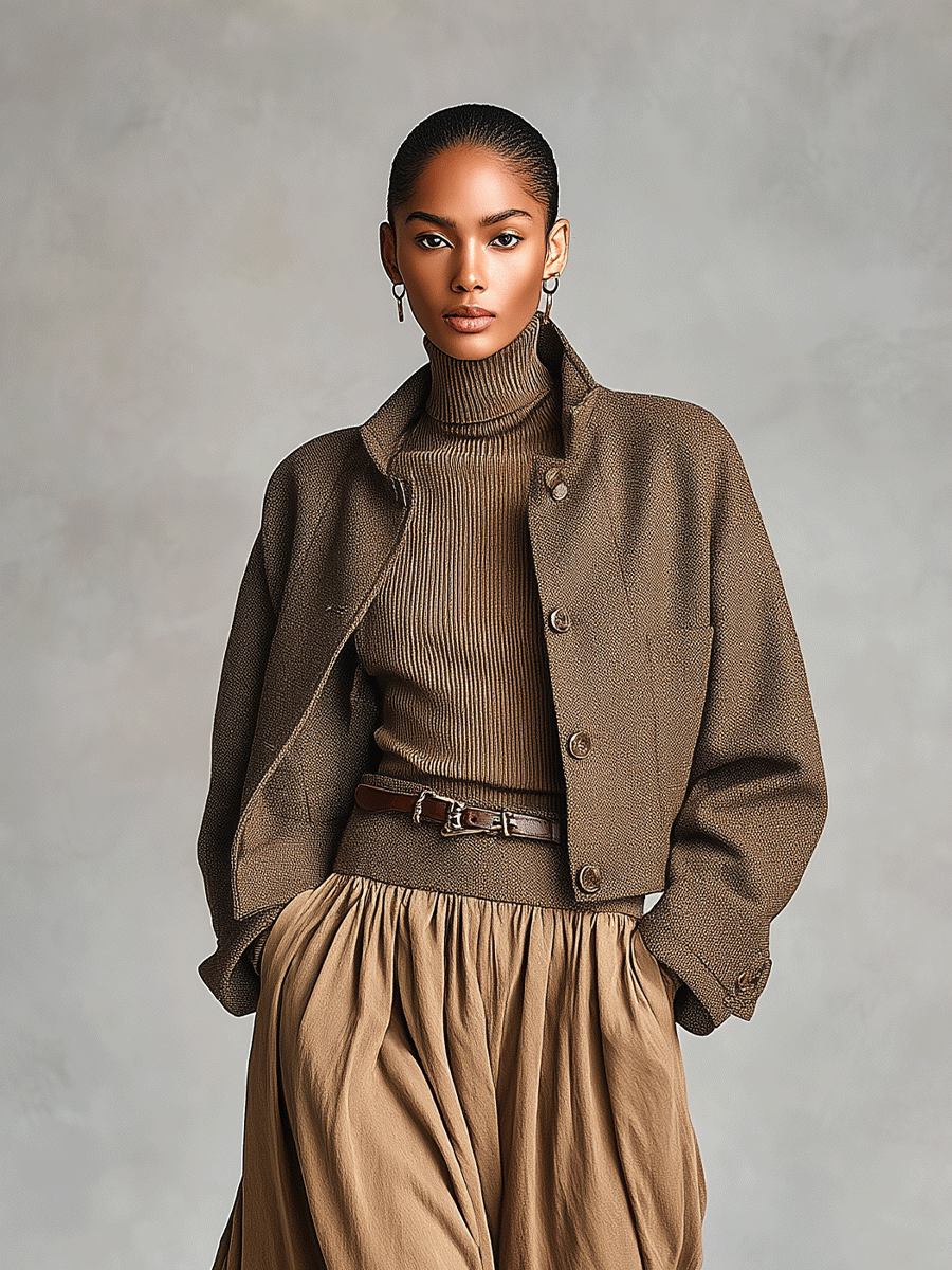 Women's Brown Sophisticated Tweed - Texture Button - Front Short Jacket MDA0274I8I