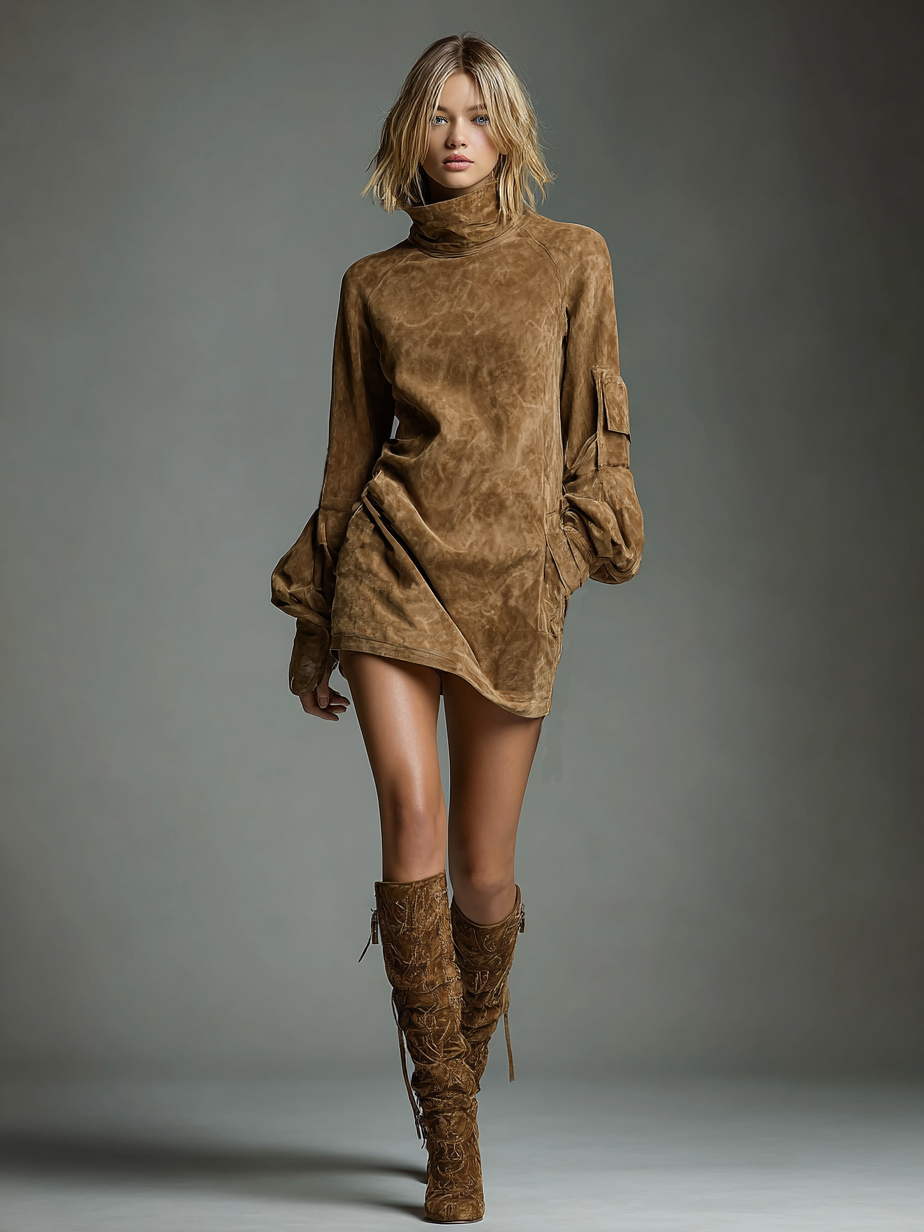 Women's Vintage Loose Suede Turtleneck Mini Dress MDA1693H3Y