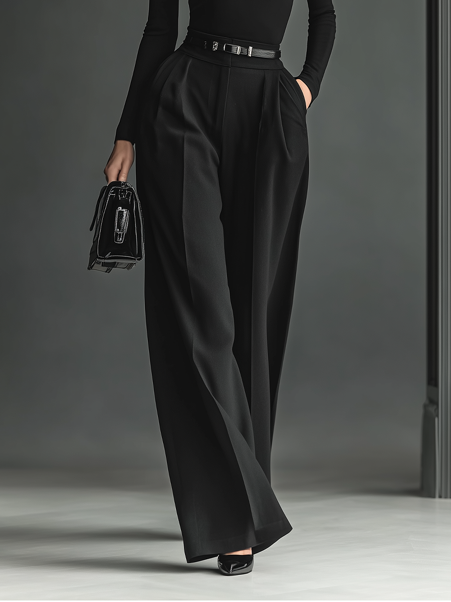 Women's Black Slim-Fit Knit Top And Wide-Leg Pants Set MDA2764H3T