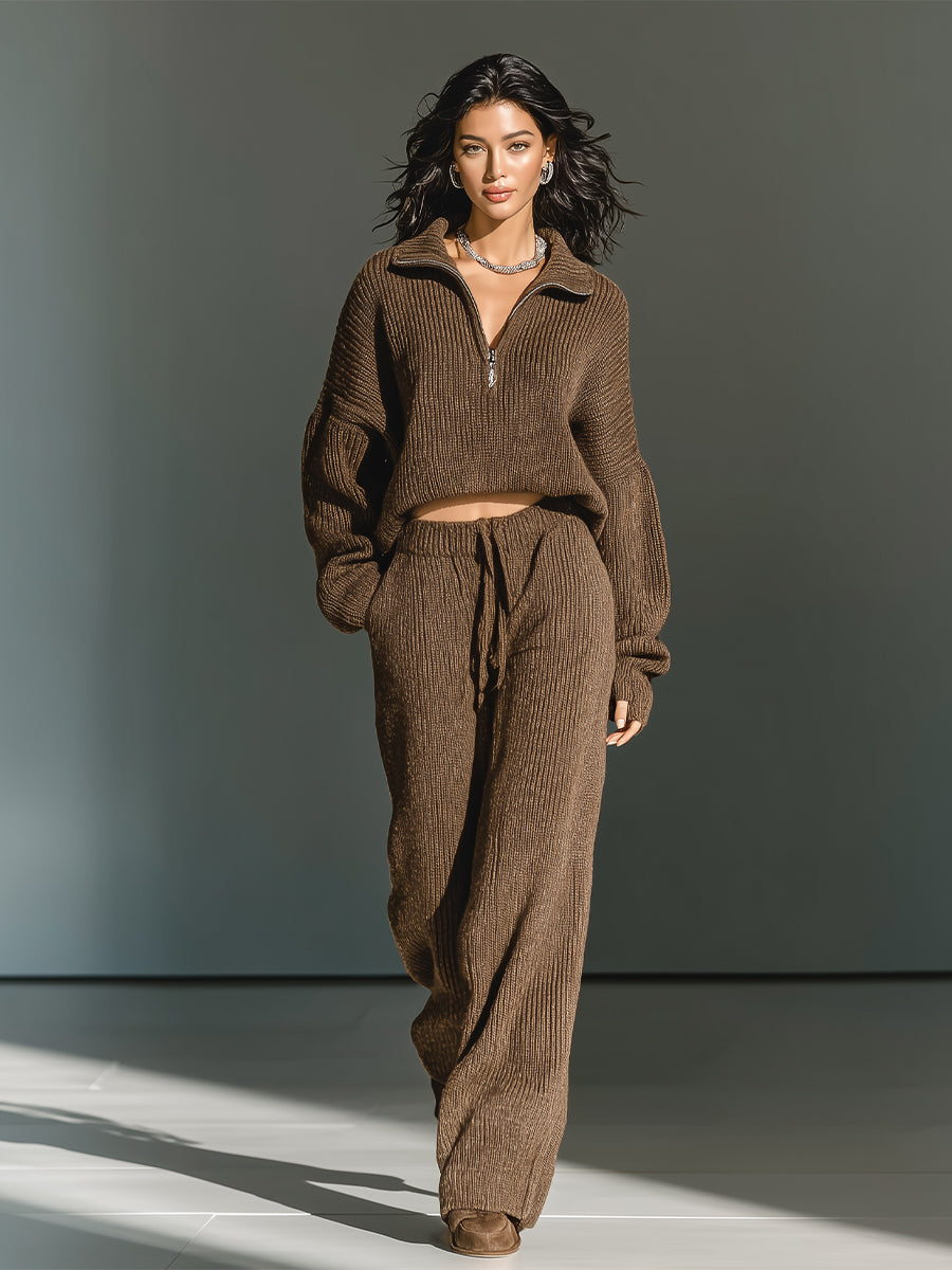 Women's Brown Classic Knit Half - Zip Sweatsuit MDA1034I6I