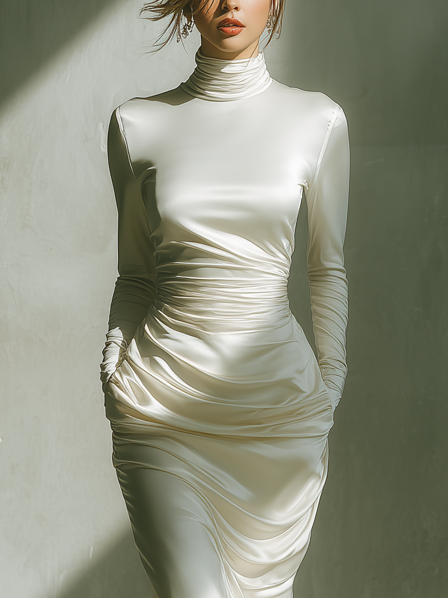 Women's Ivory White Twill Wrap-around High-necked Midi Dress MDA2476K4T