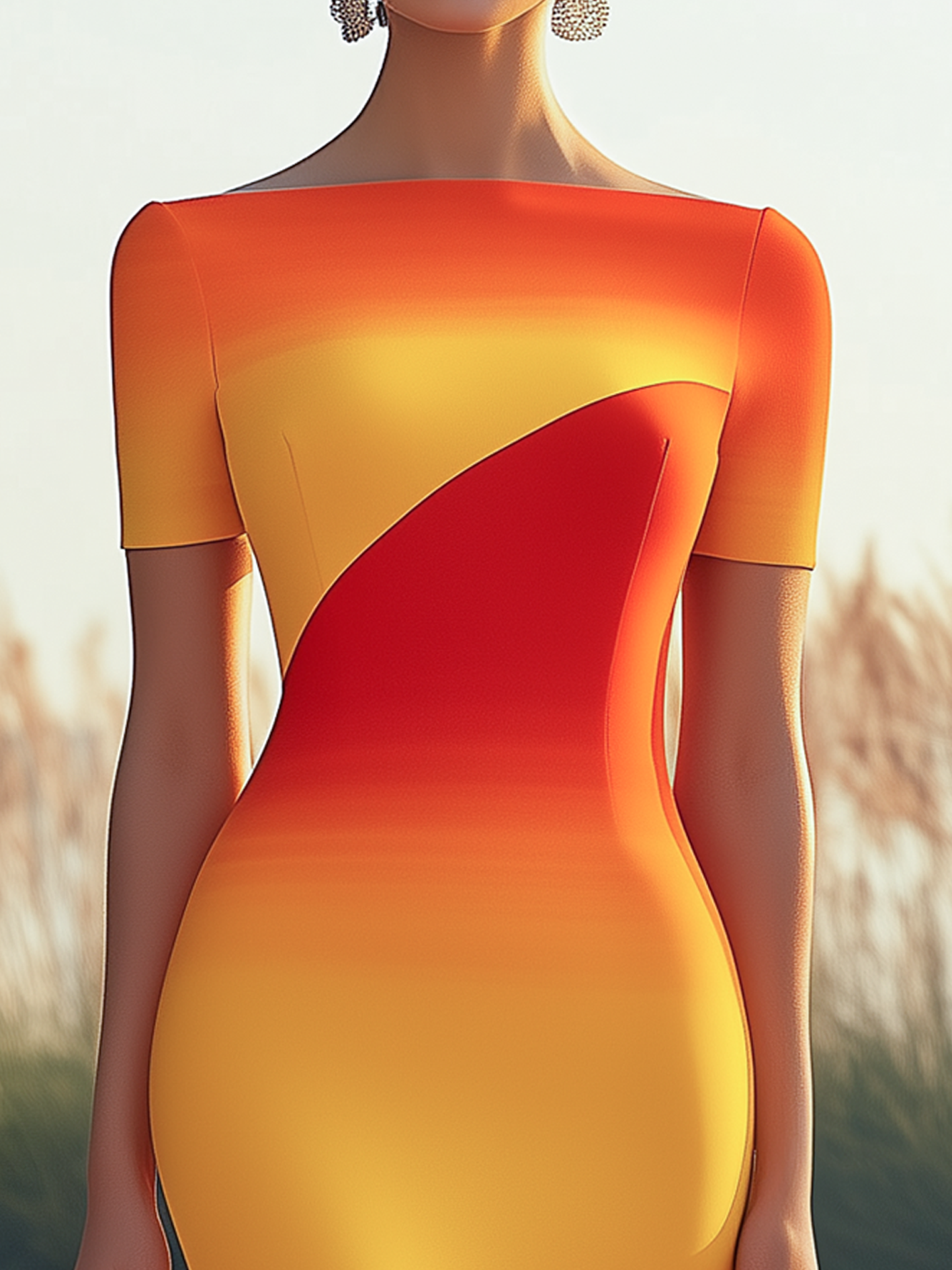 Women's Stylish Elegant Orange-Yellow Gradient Color Short Sleeves Dress MDA0202H8I