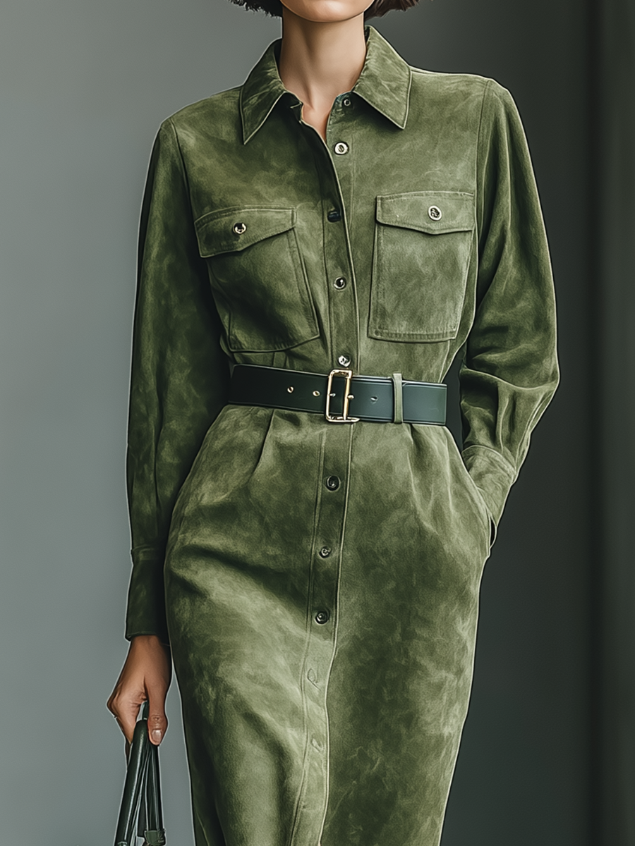 Women's Olive Green Suede Shirt Dress Midi Dress MDA0331I7T