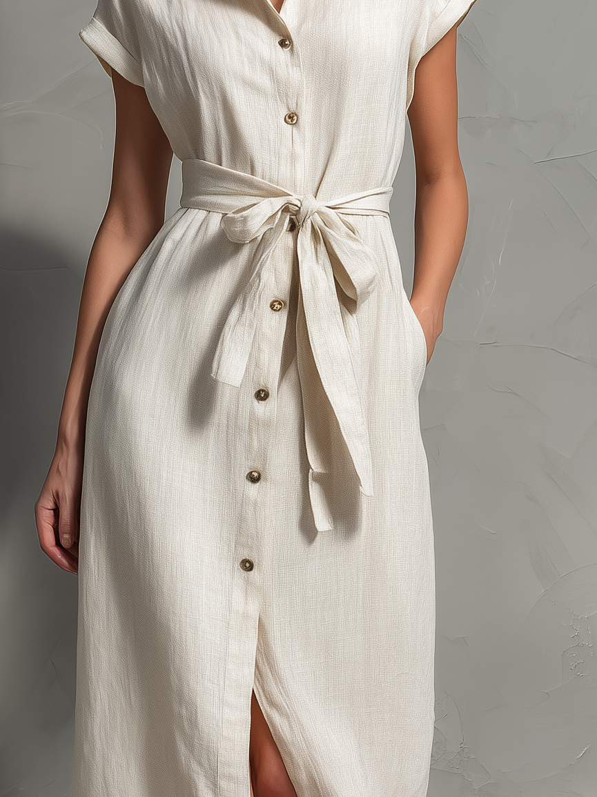 Women's Elegant Natural Cotton-linen Blend Short-sleeved Loose-fitting Shirt Dress MDA2477L0AN