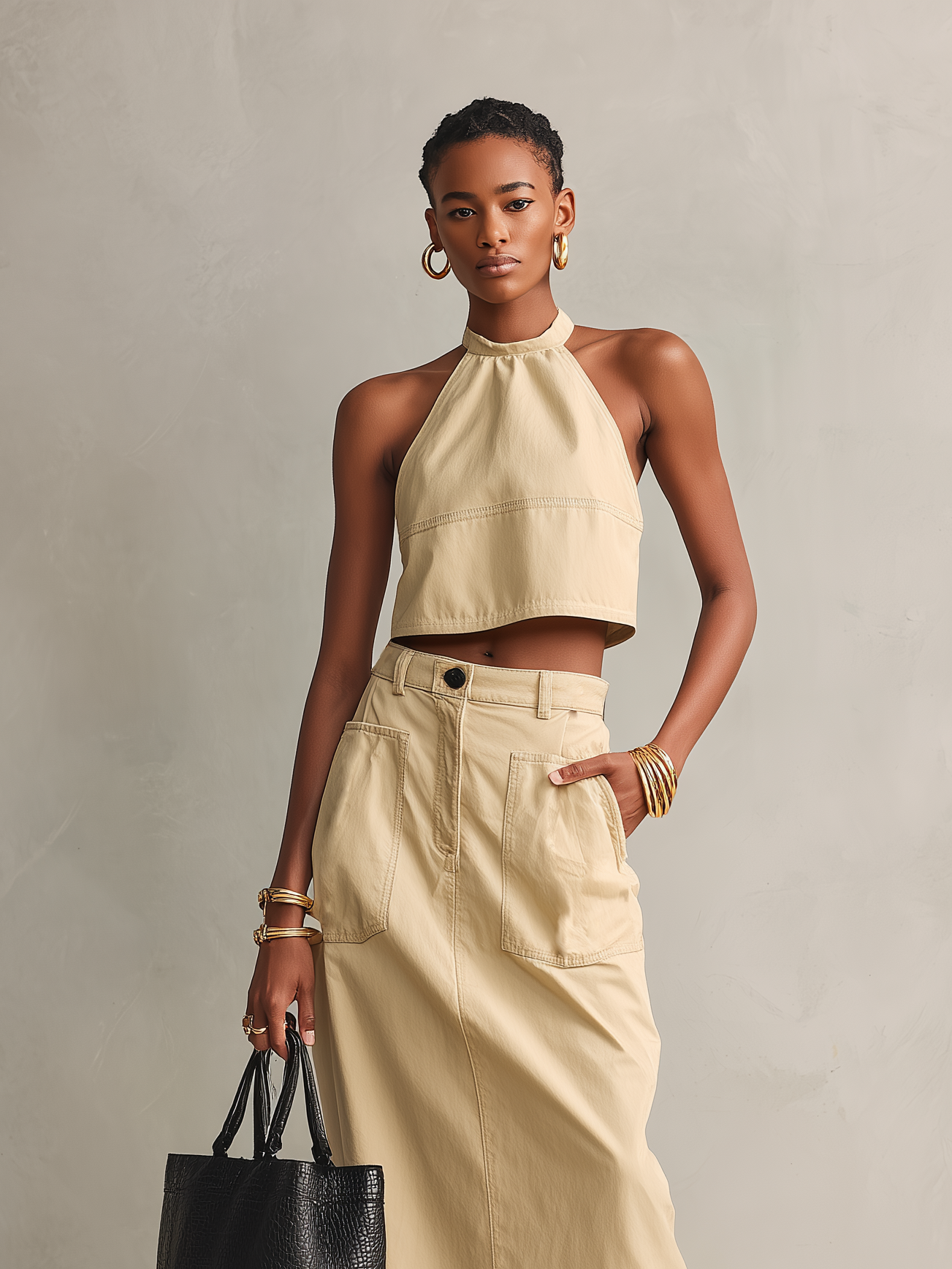 Women's Elegant Beige Woven Halter Neck Sleeveless Top Paired With A Skirt Set MDZ2735B2AN