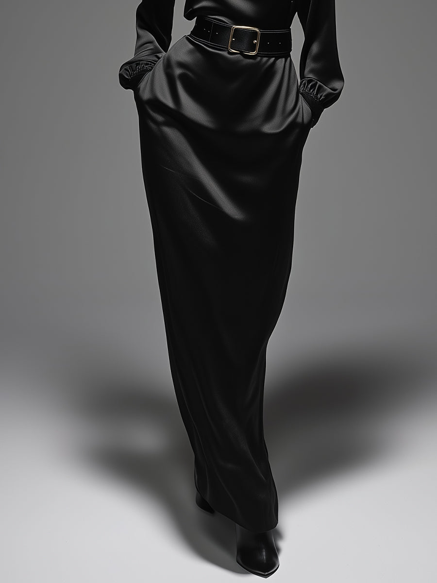 Women's Black Satin High-Neck Belted Waist & Puff Sleeves, Sophisticated Cocktail Style Maxi Dress MDA2386J8I