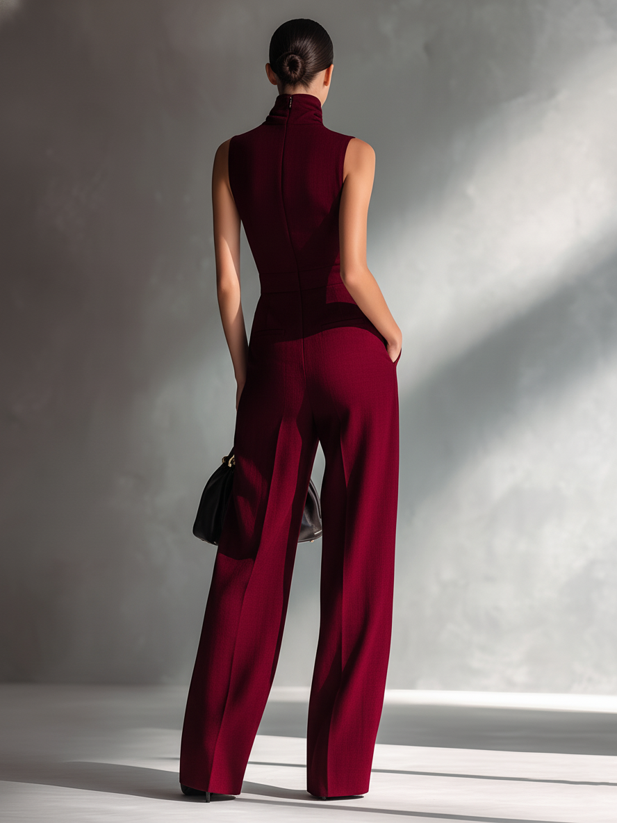 Women's Sleek Cotton-Linen Blend Burgundy Sleeveless Turtleneck Wide-Leg Jumpsuit MDA2292L5AU
