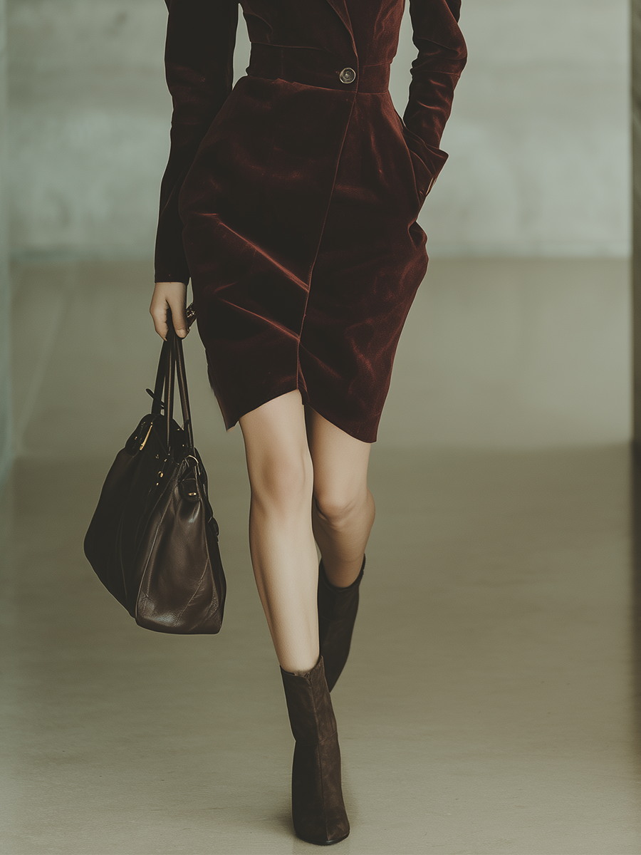 Women's Burgundy Velvet Business Casual Waisted Midi Dress MDA2291J9T