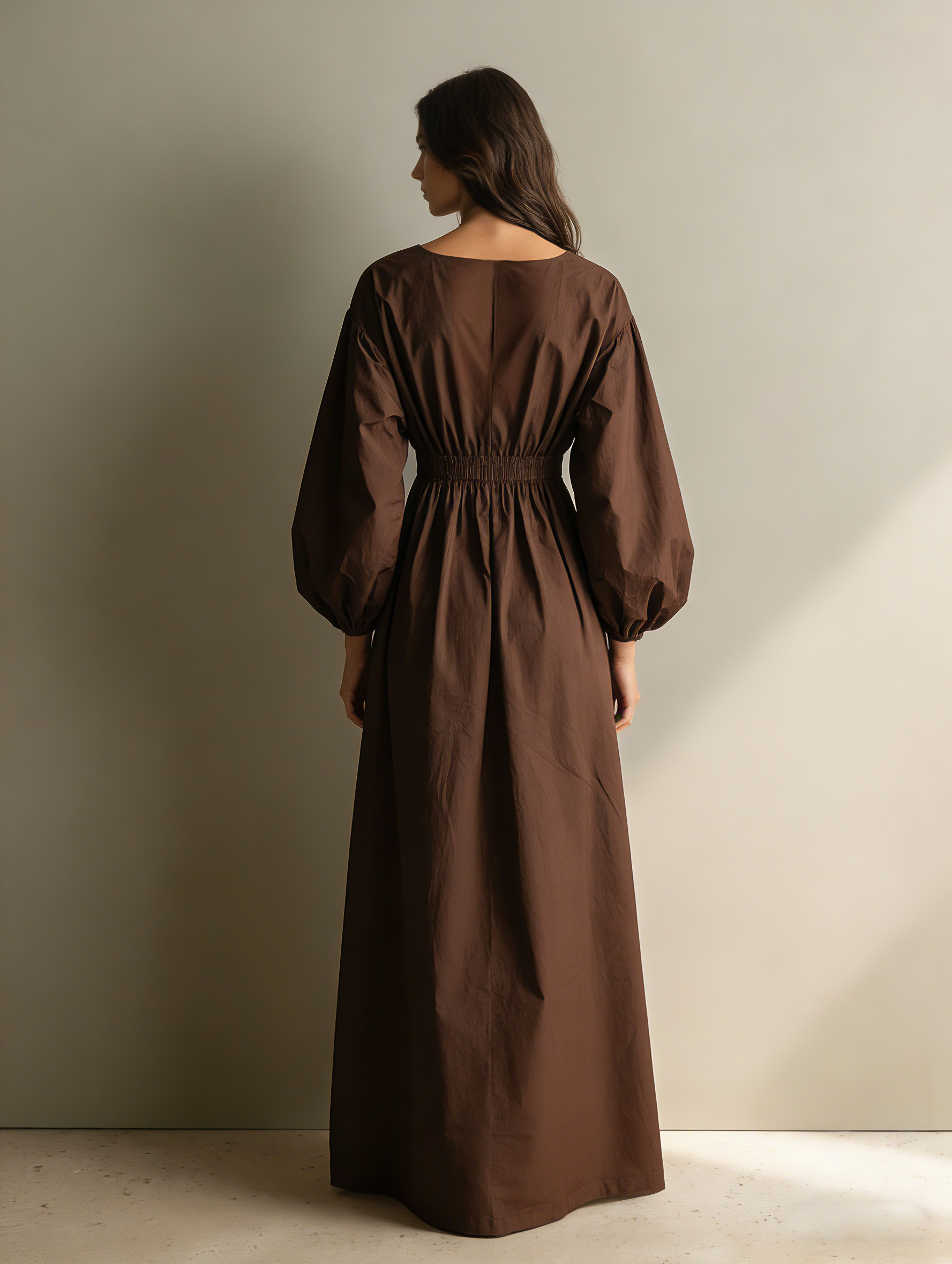 Women's Casual Brown Cotton And Linen V-neck Long-sleeved Maxi Dress With Elastic Waist MDZ1295A0AN