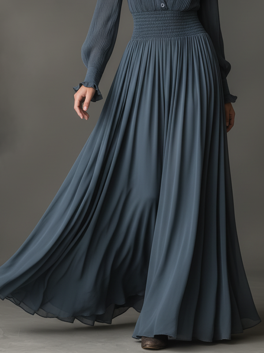 Women's Chiffon Pleated Waist-cinching Long-sleeved Maxi Dress MDA1541K9Y