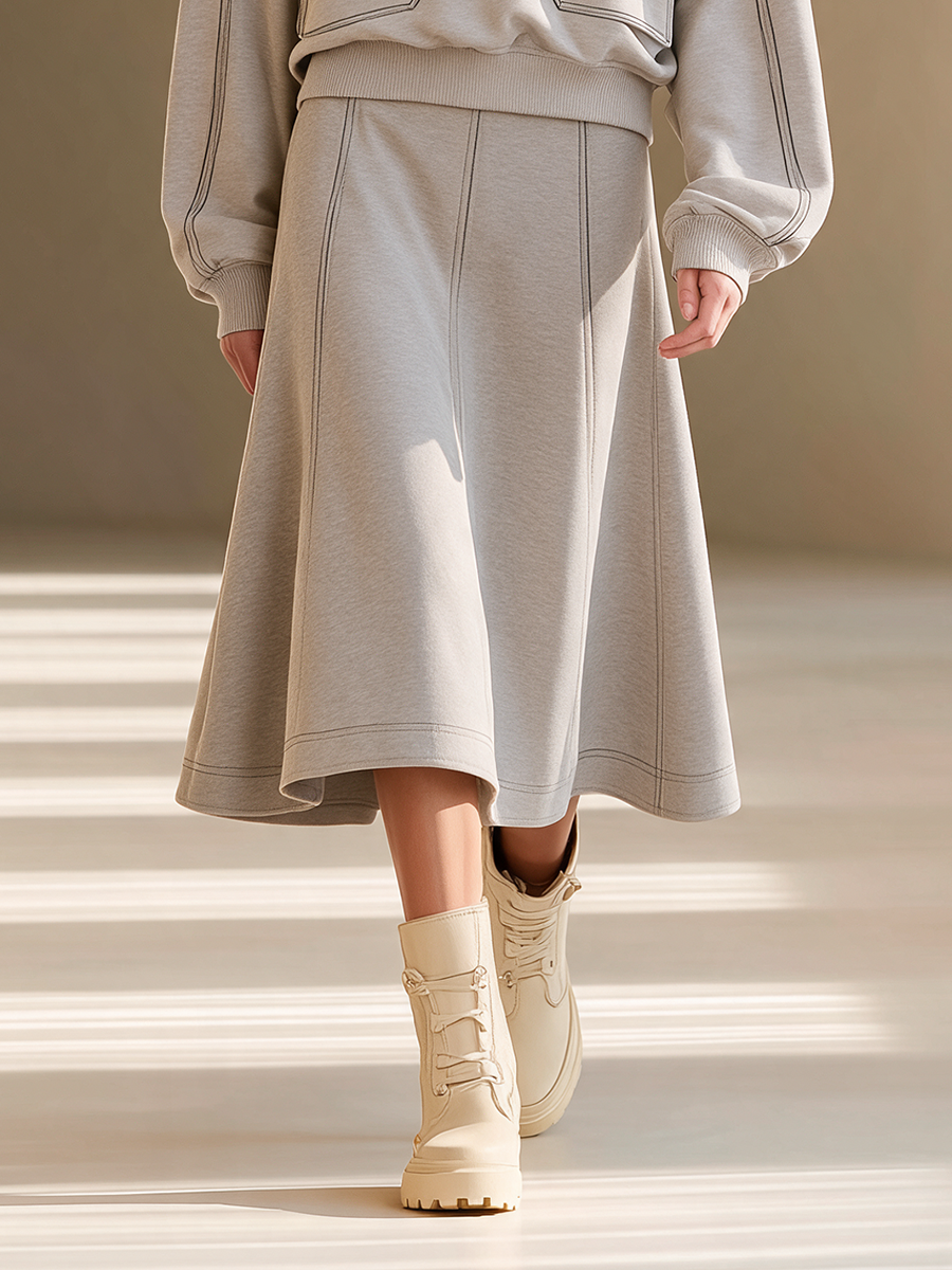 Women's Casual Half-Zip Stand-Collar Dropped-Shoulder Long-Sleeve Sweatshirt & High-Waisted A-Line Skirt Set MDZ2469H2CMX