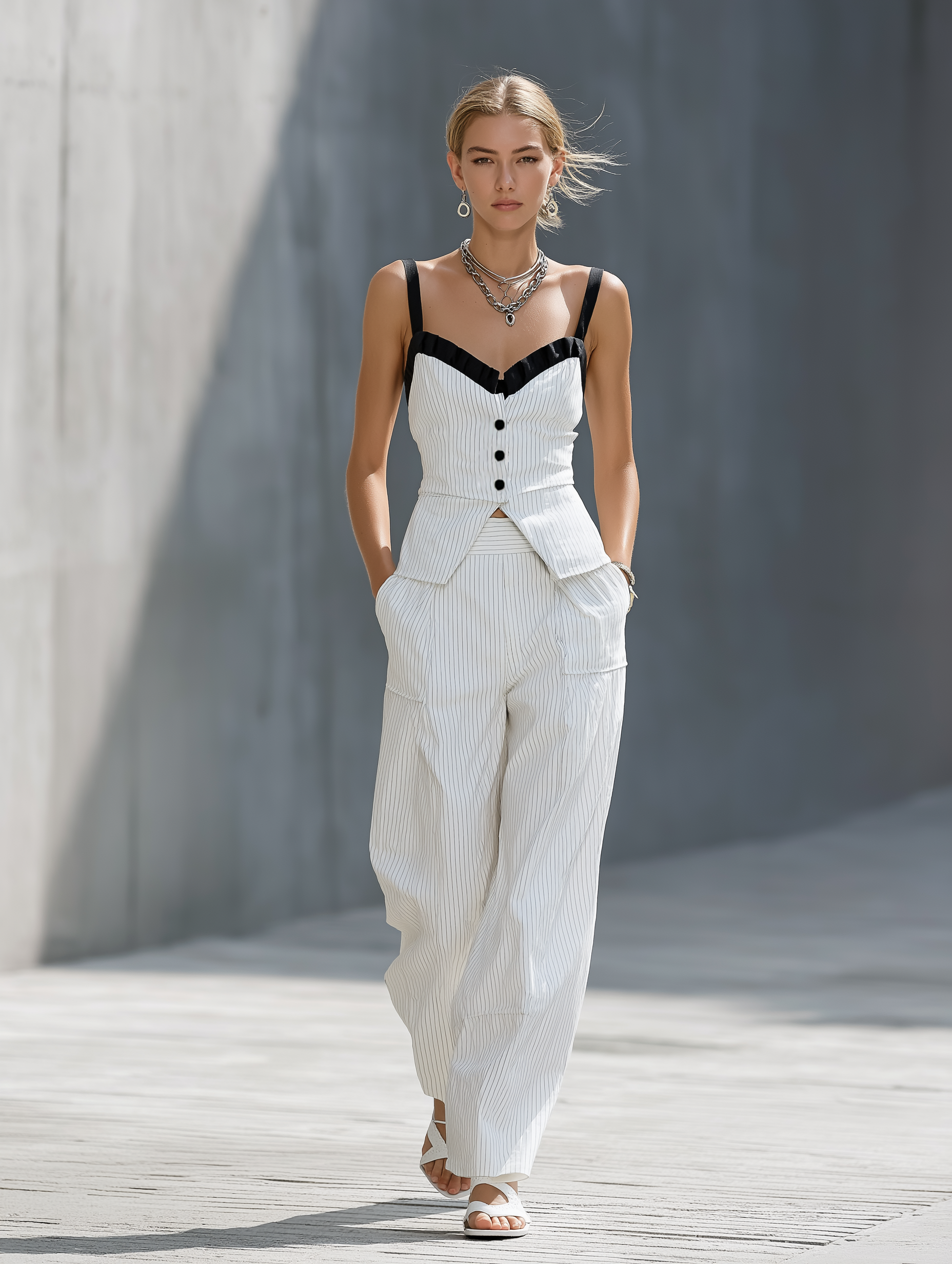 Women's Elegant White Woven Striped Sleeveless Camisole Top Paired With Loose-fitting Trousers Set MDZ2577B7AN