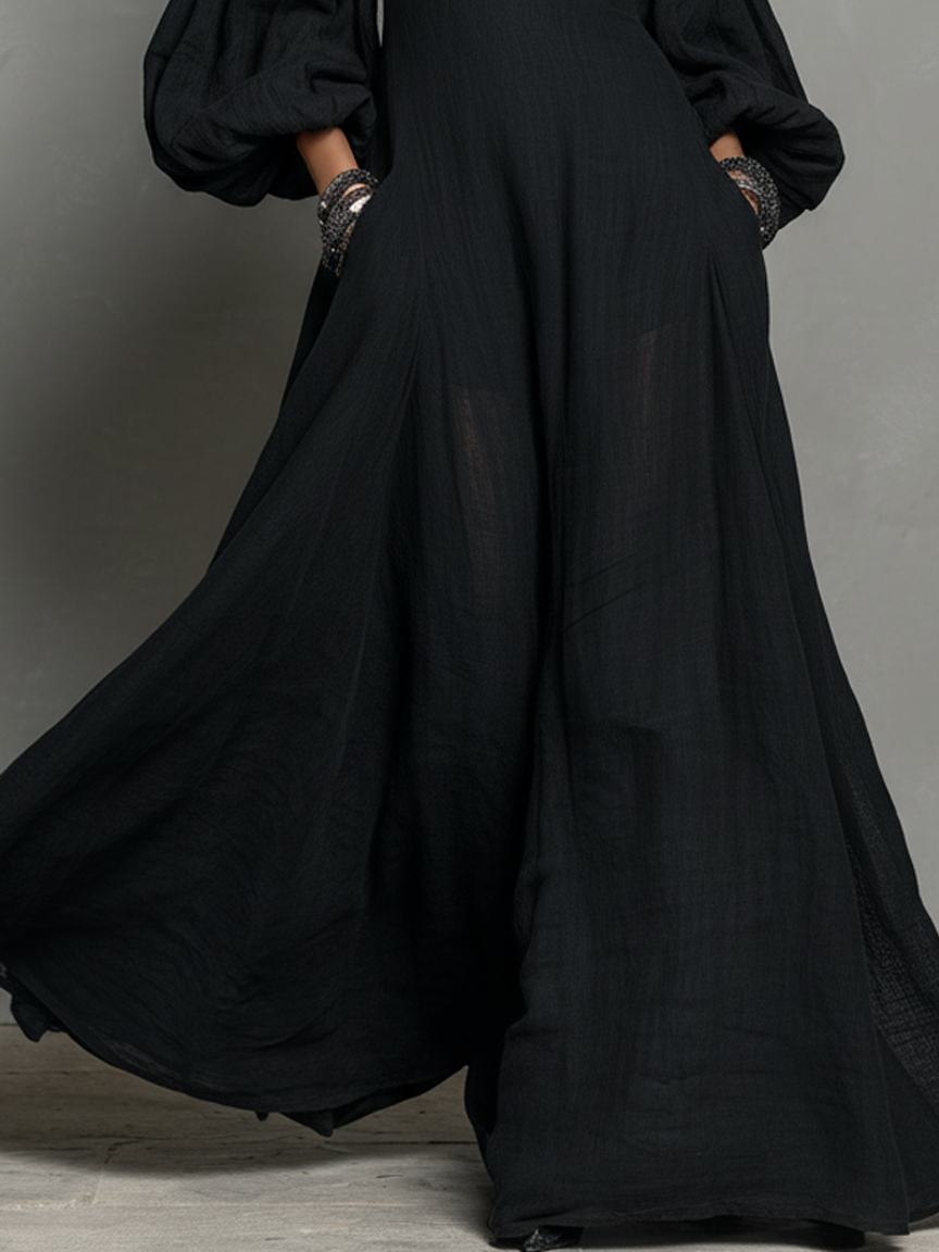 Women's Minimalist Cotton And Linen Halter Neck Long-sleeved Maxi Dress MDA2778K3Y