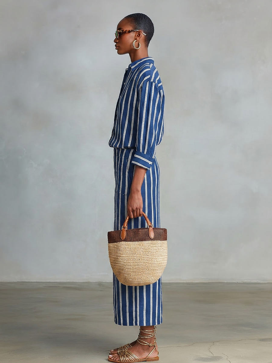 Women's Royal Blue White Stripe Cotton-Blend Co-Ord With Button Front Blouse & Elastic Waist Straight Maxi Skirt, Effortless-Chic Summer Daily Outfit MDZ2304F8LYL