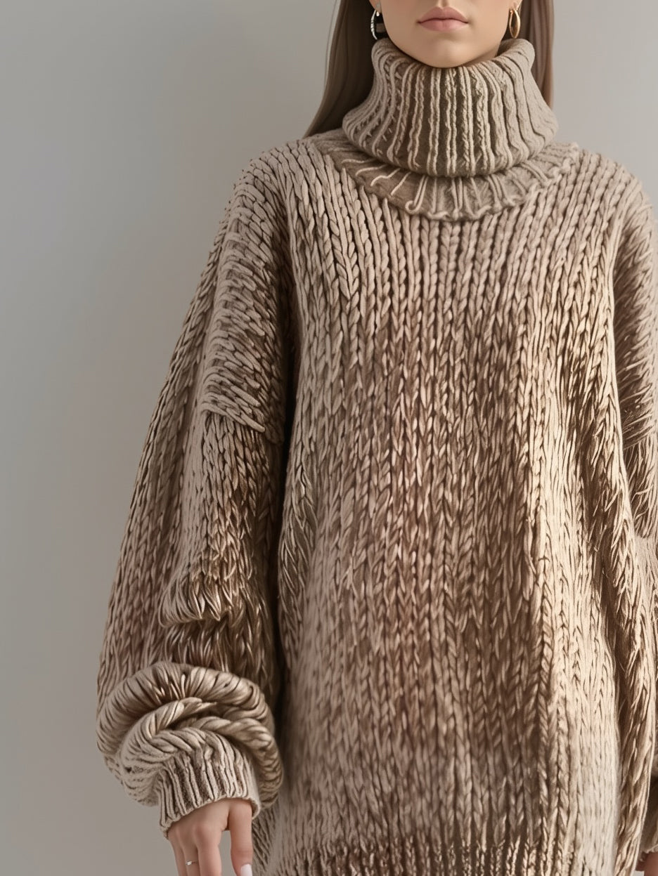 Women's Casual, Simple Turtleneck, Khaki Loose-fitting Sweater Dress MDA0709K6AN