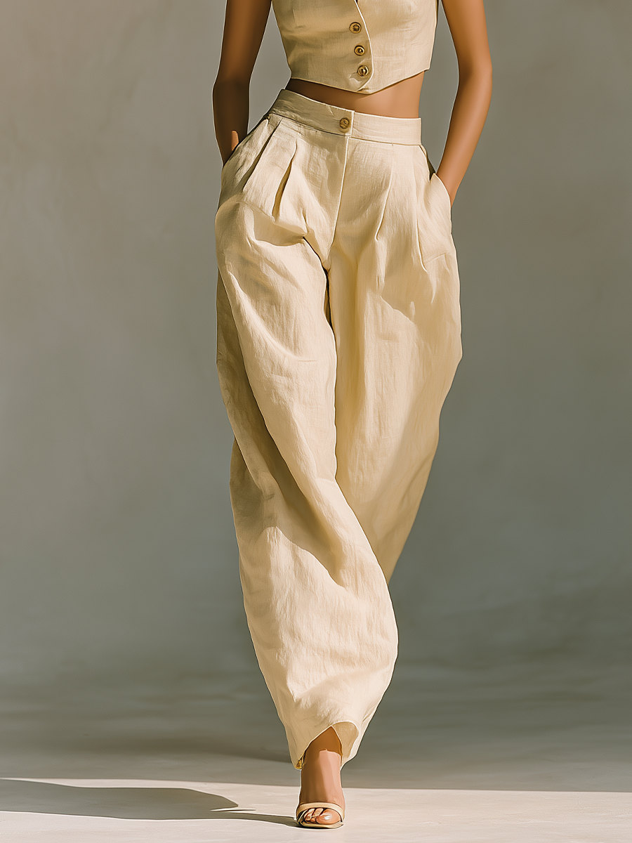 Women's Beige Linen-Blend Crop Vest & Wide-Leg Pants Two-Piece Set MDZ2519B2T