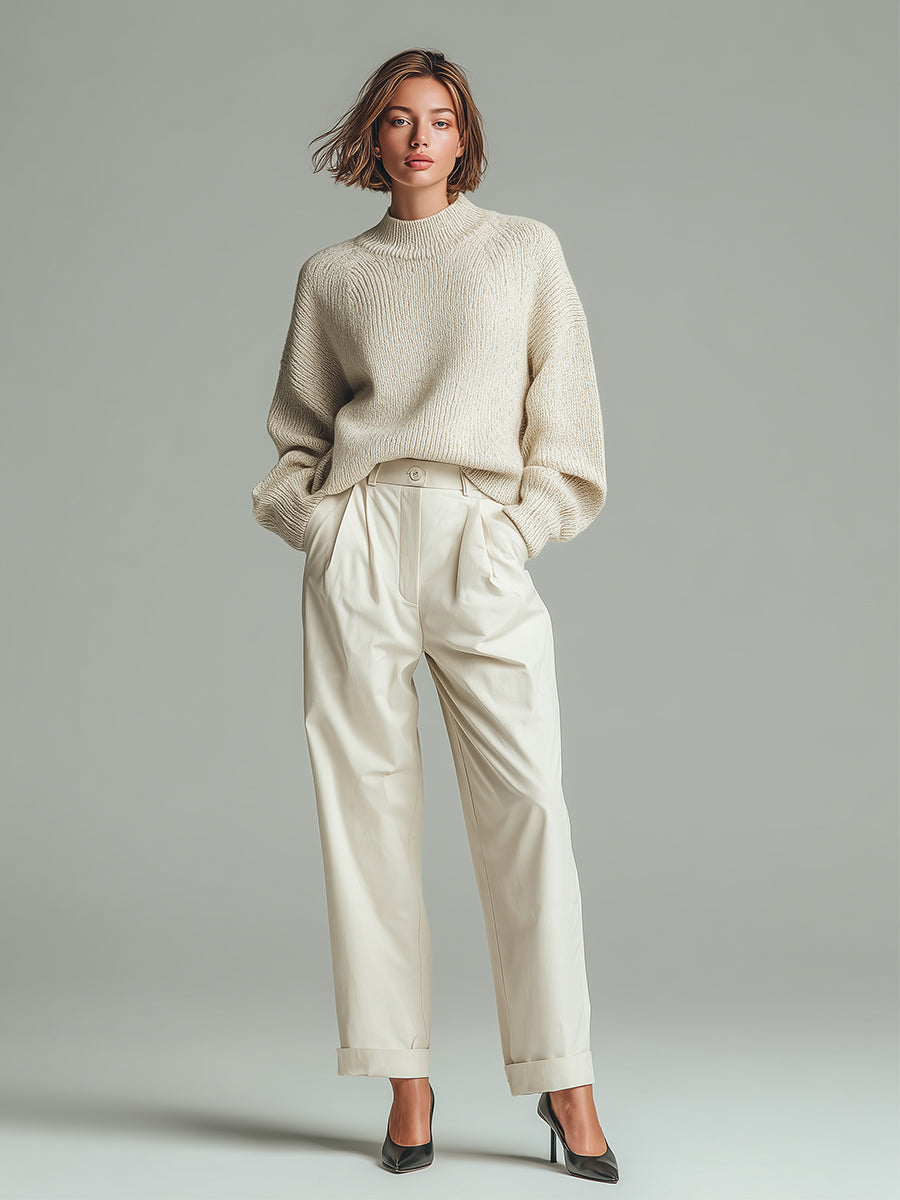 Women's Cream Knit & Cotton Elegant Mock-Neck Sweater & Tailored Pant Set MDA0559K2I