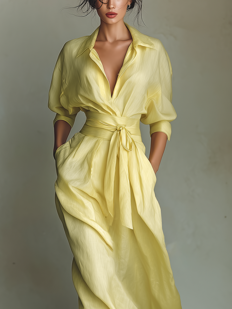 Women's Lemon Yellow Cotton And Linen Blend Maxi Shirt Dress With Tie Waist & Half Sleeves MDZ2884A4T