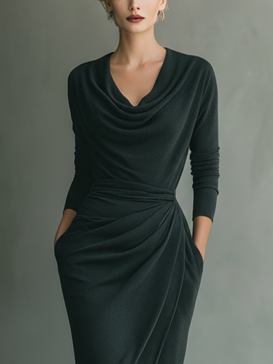 Women's Black Knit Fabric Cowl-Neck Ruched Pocketed Midi Dress MDA1606L0T