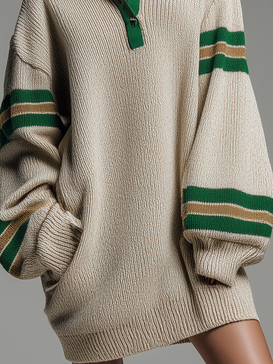 Women's Beige Color-blocked Knitted Collar Loose Sweater Midi Dress MDA3175J6T