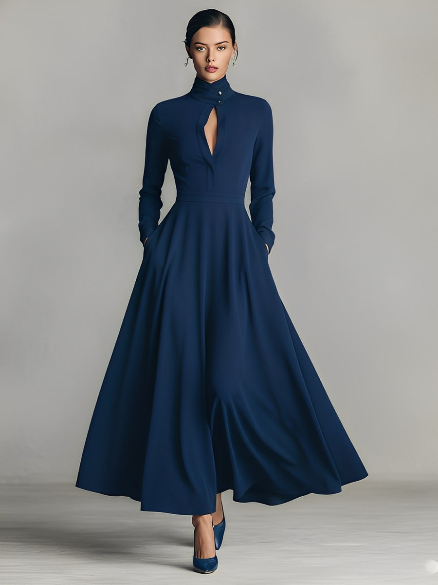 Women's Navy Smooth Cotton-Blend Fabric Chic Keyhole-Neck Pocket Maxi Dress MDA2455K8I