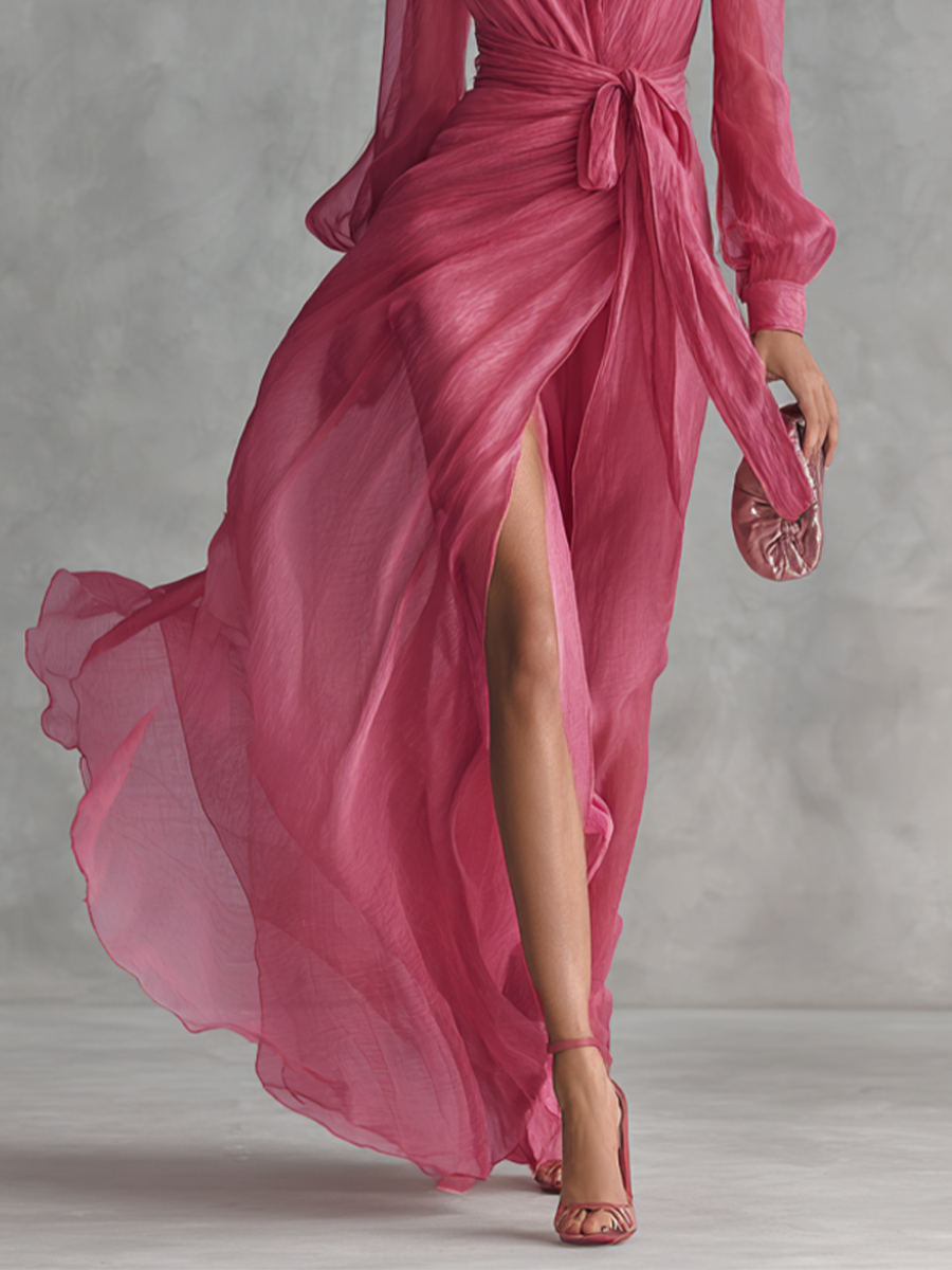 pink pearl dress long sleeve Women's Elegant Rose Pink Pearl Chiffon V-neck Tie-waist Long Dress MD –  Modesees
