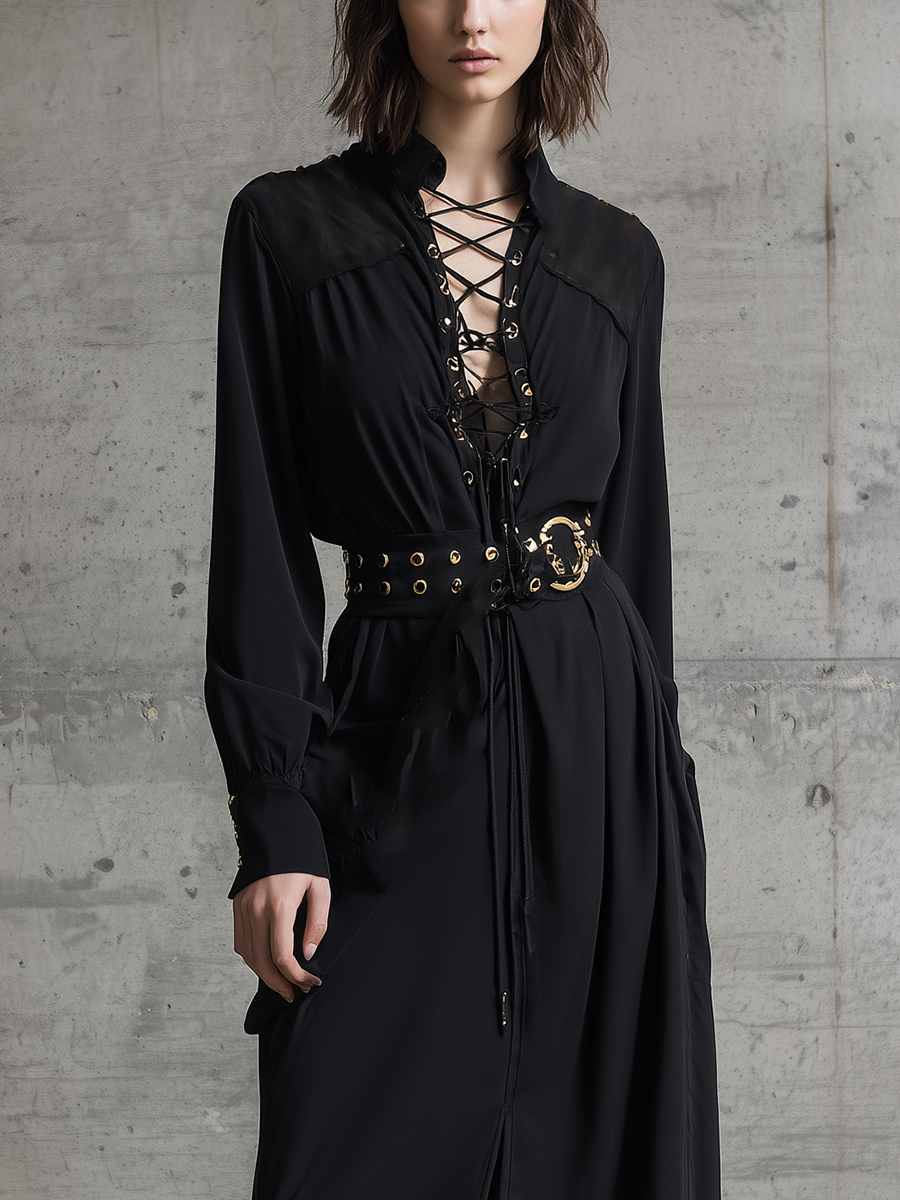 Women's Black Chiffon Tie-Waist Metal Buckle Slit Midi Dress MDA3040J7T