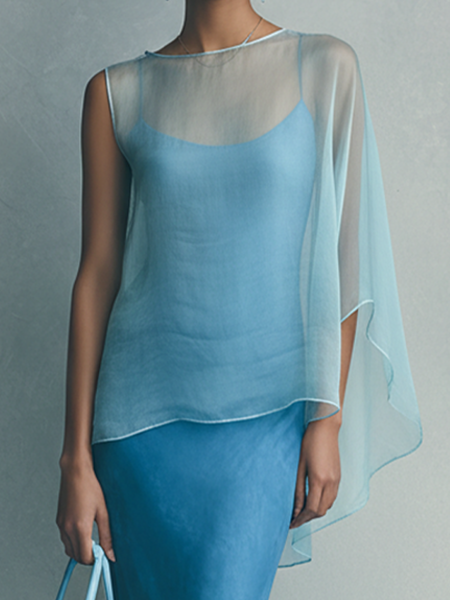 Women's Sky Blue Two-Piece Sheer Chiffon Cape and Knit Slip Dress Set MDZ2852B8BA