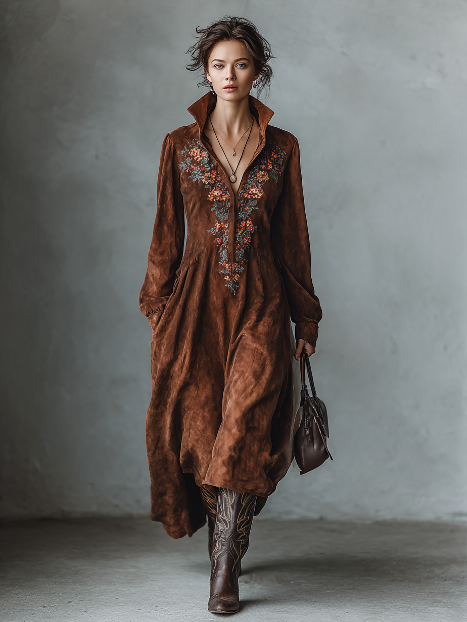 Women's Vintage Suede Long Sleeve Embroidered Neck Midi Dress MDA1978H1Y