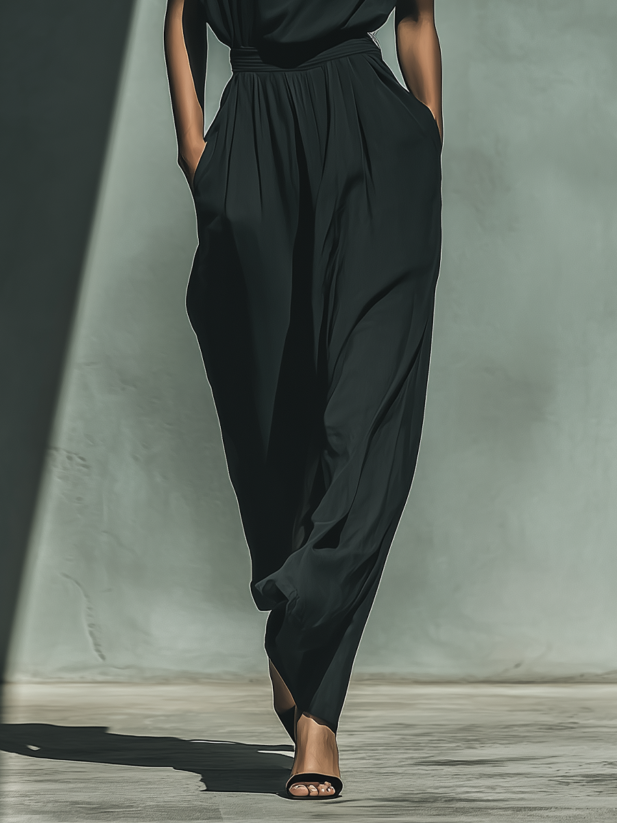 Women's Black Chiffon Sleeveless Jumpsuit With Red Contrast V-Neck Collar & Wide-Leg MDZ0965A8T