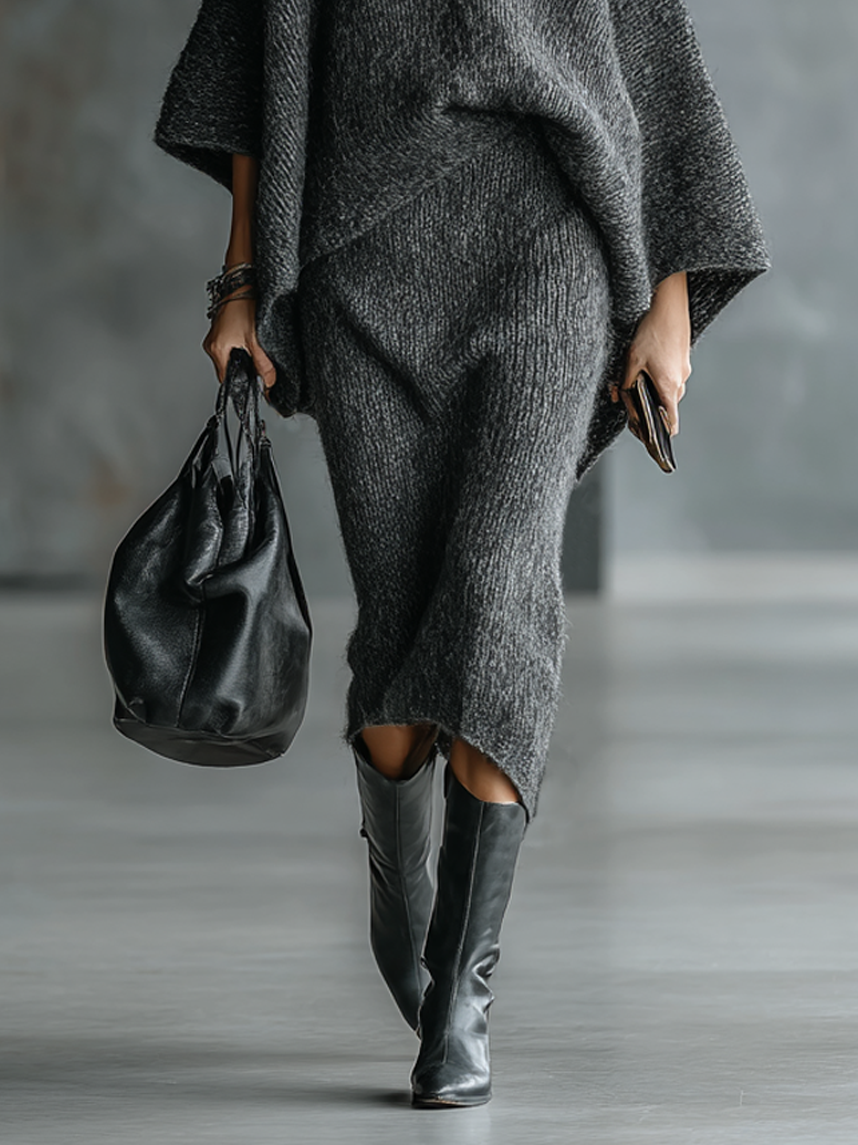 Women's Minimalist Knitted Batwing Sleeve Sweater And Skirt Set MDA1574L0Y