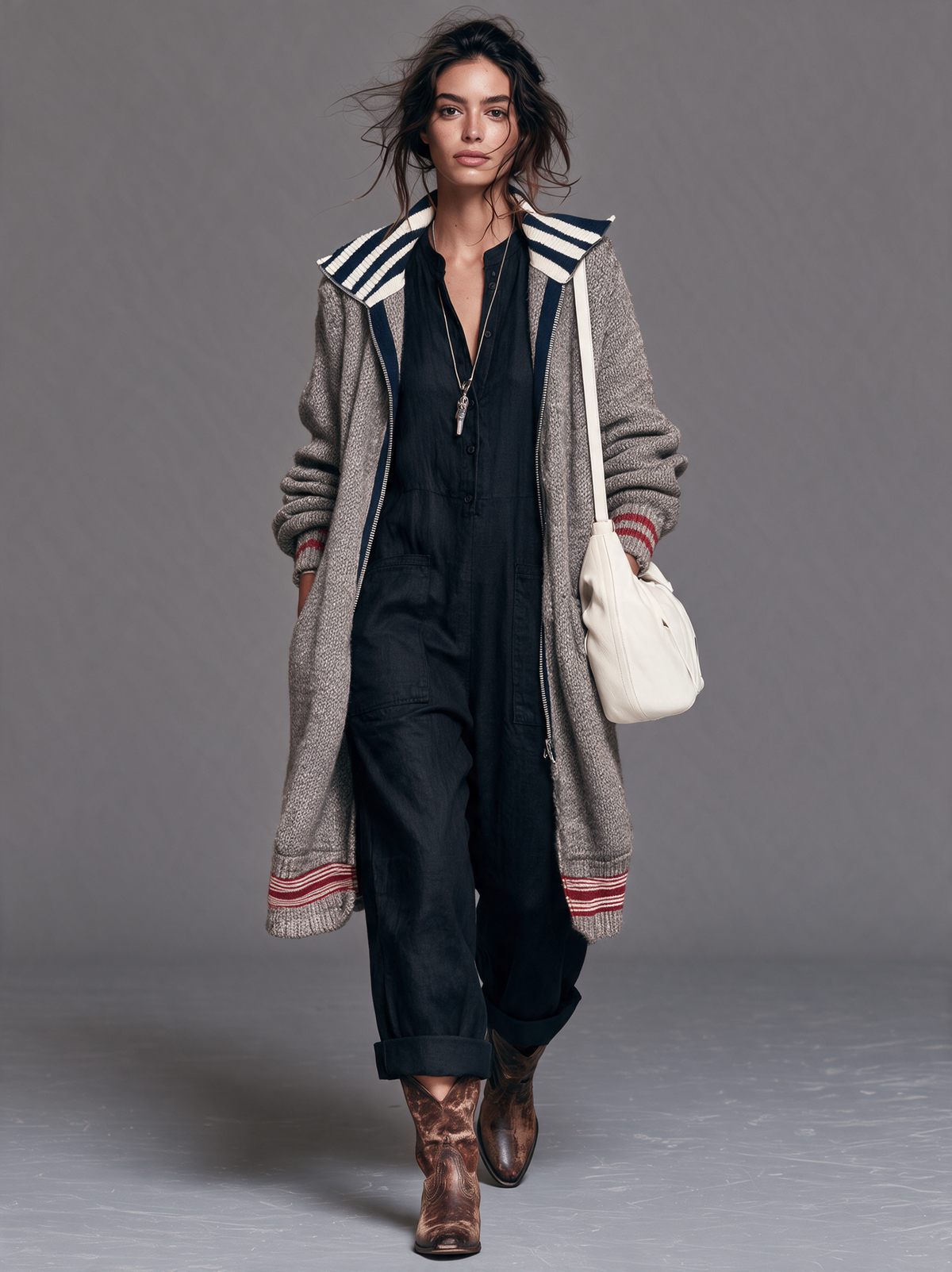 Women's Vintage Color-Block Striped Zip-Up Mid-Length Cardigan MDZ2550H4WY