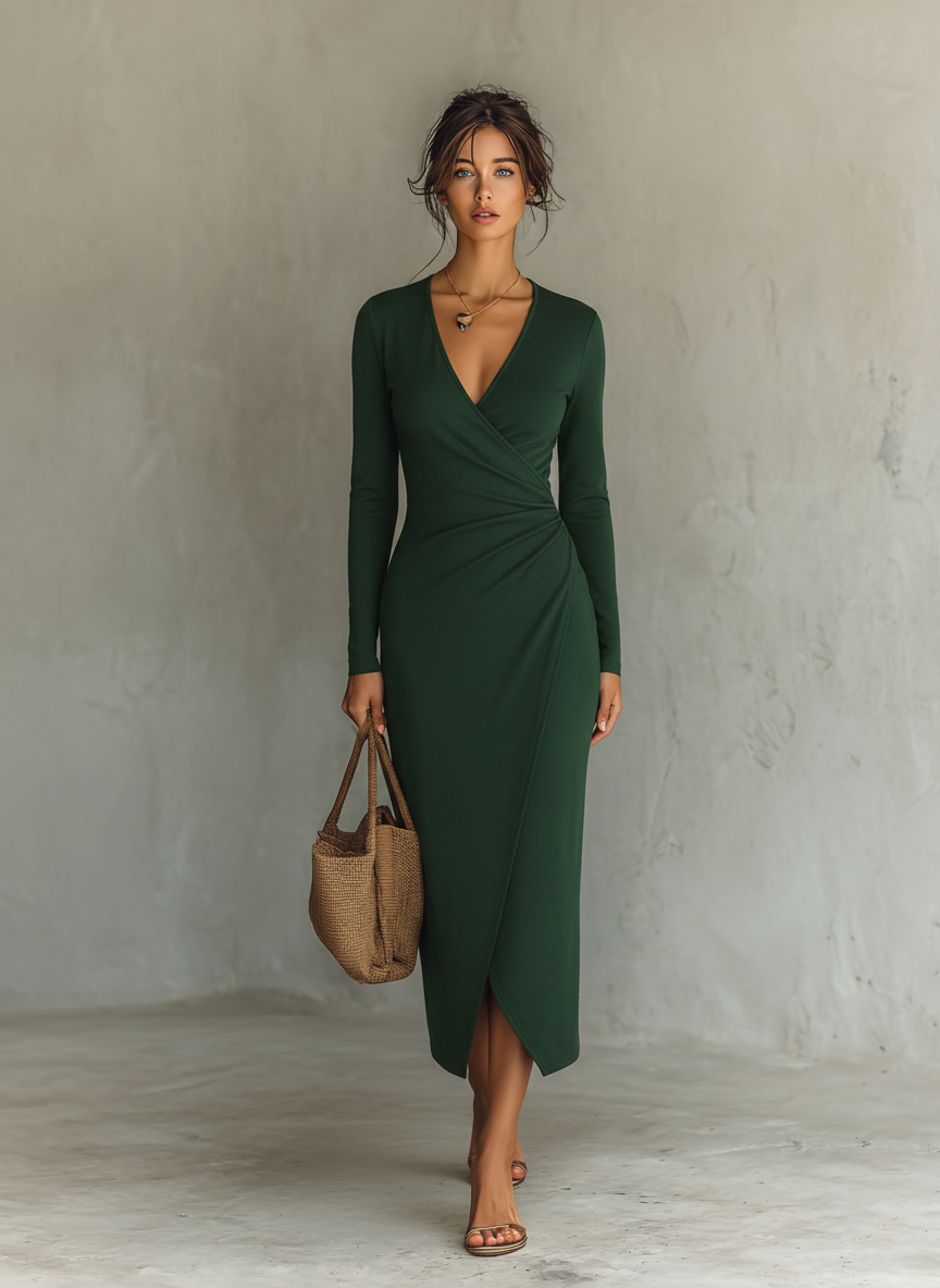 Women's Slim Fit V-Neck Pleated Long Sleeve Midi Dress MDA3038J3Y