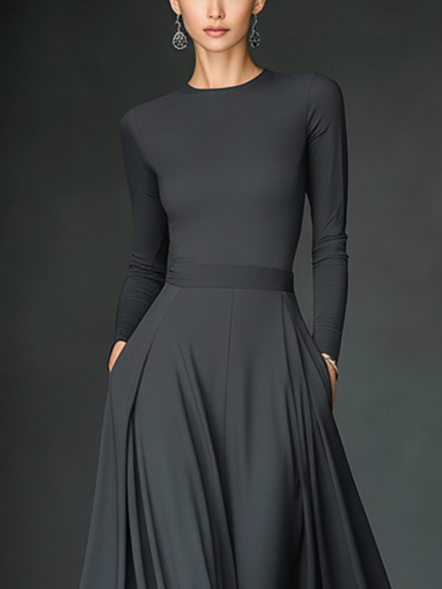 Women's Charcoal Gray Stretchy Knit Slim-fit Long-sleeved Flowing Maxi Dress With Pockets MDA1625L6T