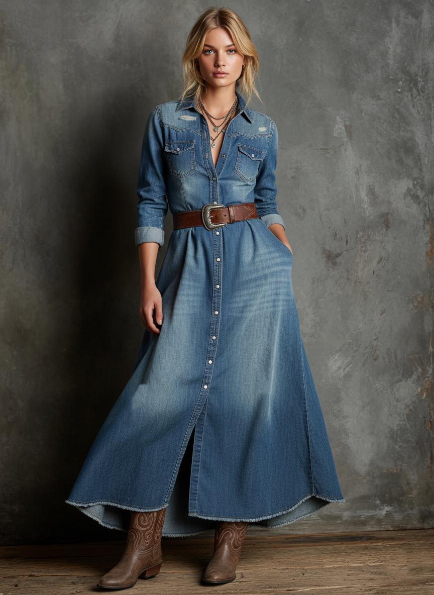 Women's Loose-fitting Denim Washed Distressed Belt Maxi Dress MDA0578K4Y