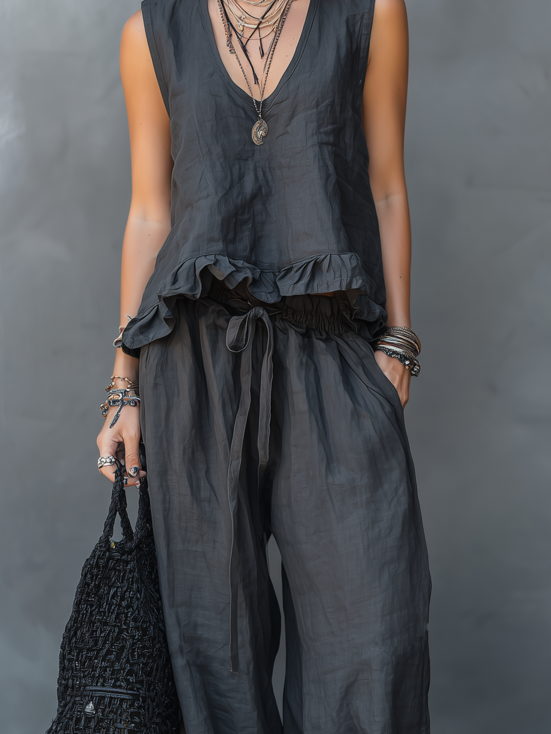 Women's Casual Dark Gray Cotton-linen Blend Round Neck Sleeveless Top Paired With Trousers Set MDZ0327C4AN