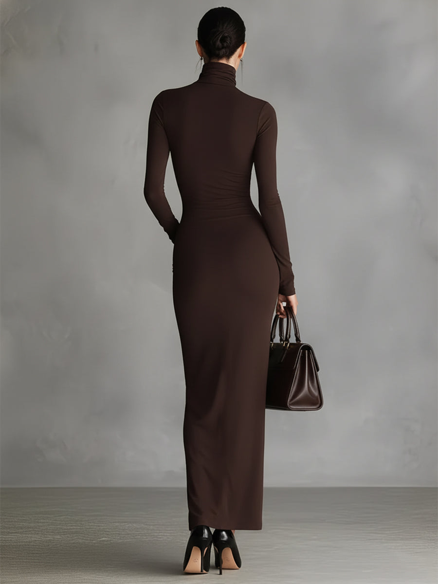 Women's Brown Stretch Fabric Chic Turtleneck Bodycon Slit Dress MDA1311K1I