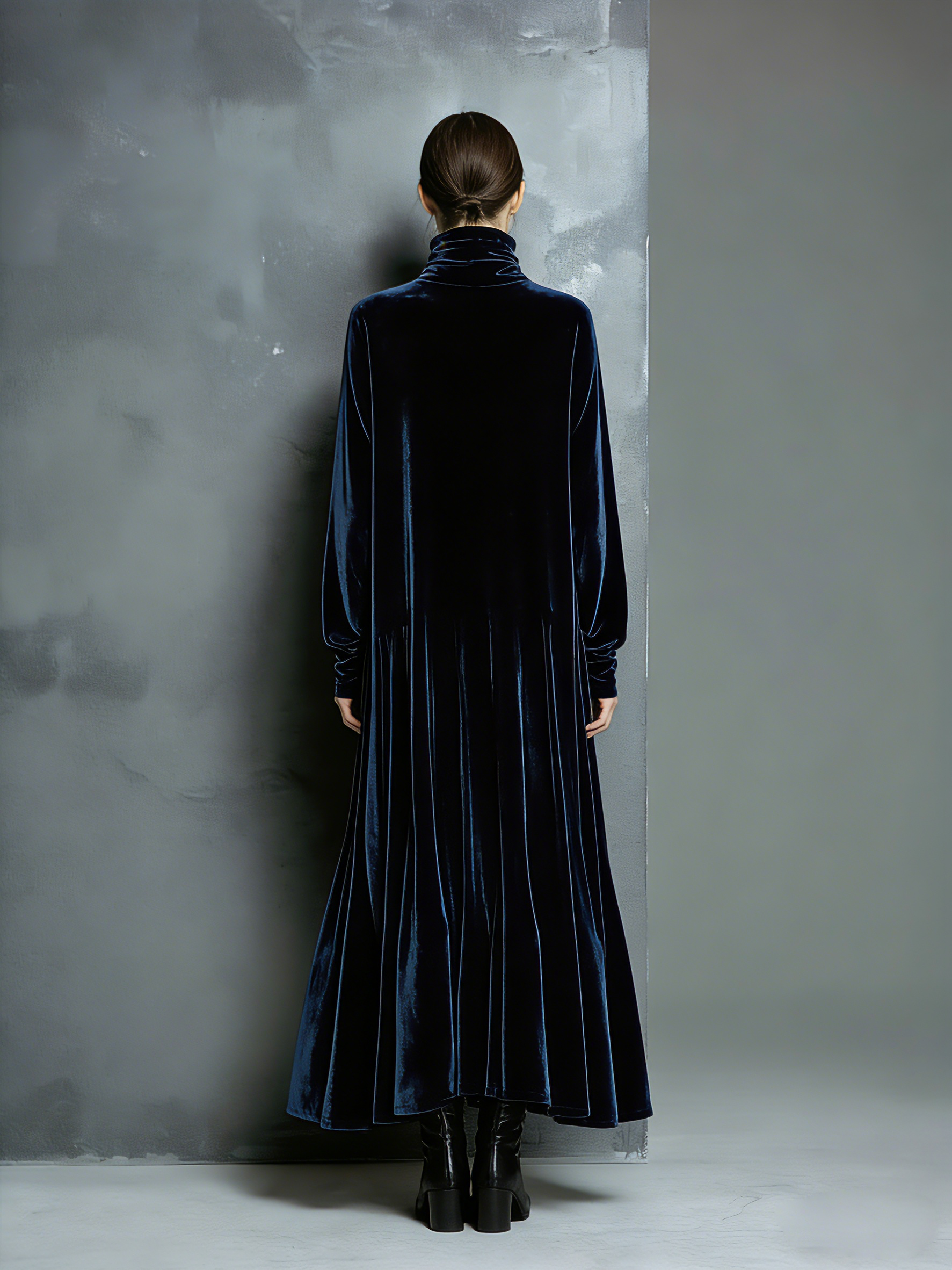 Women's Elegant Navy Blue Velvet High-neck Long-sleeved Loose-fitting Maxi Dress MDZ1680A8AN