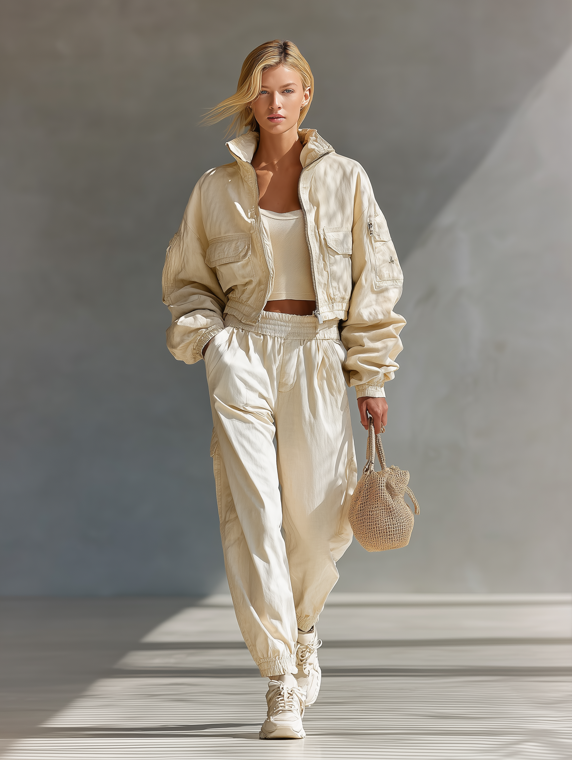 Women's Off-White Cotton Blend Casual Sport Jacket And Pants Set MDA2132J2T