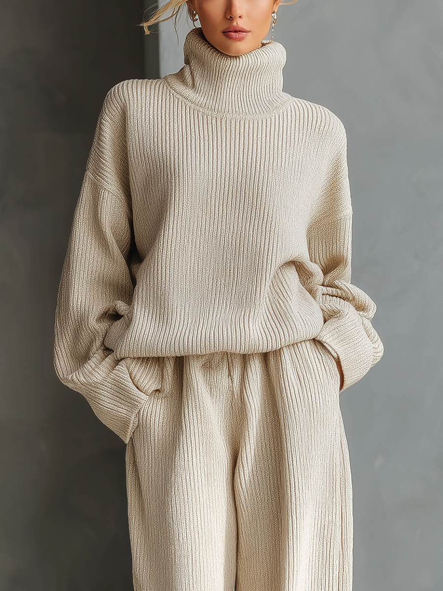 Women's Beige Knitted Turtleneck Loose Sweater And Wide-leg Pants Set MDA0613K1T