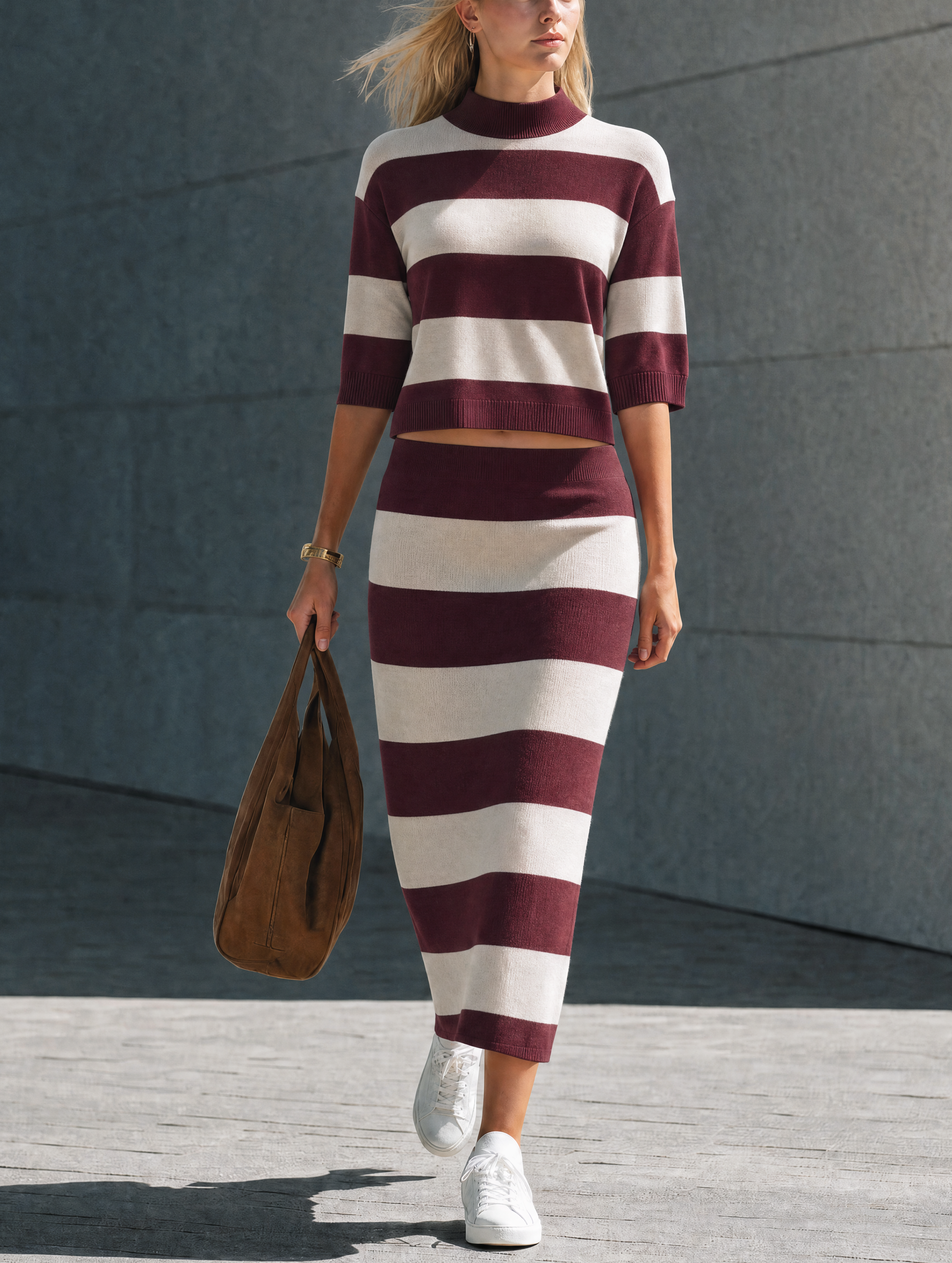 Women's Casual Red And White Striped Knit Top And Skirt Two-Piece Set MDZ2529H4LXY