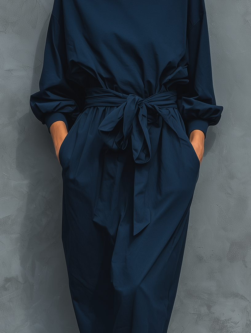 Women's Fashionable And Elegant Navy Blue Long-sleeved Round Neck Casual Midi Dress With A Tie At The Waist MDA1521K0AN