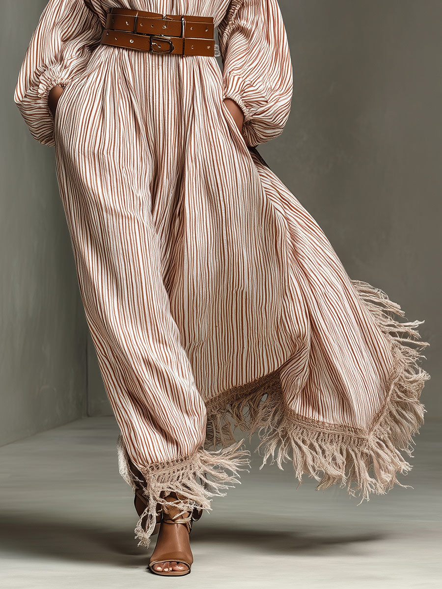 Women's Crew Neck Striped Belted Maxi Dress (without Belt) MDA1945G0T